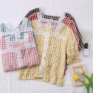 Lace-trim Square-neck Checker Blouse