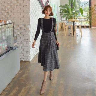 Set: Knit Top + Detachable-strap Midi Suspender Skirt Black - One Size