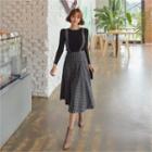Set: Knit Top + Detachable-strap Midi Suspender Skirt Black - One Size