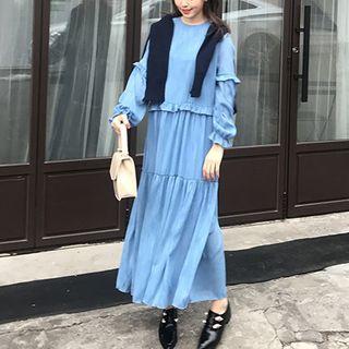 Plain Frill Trim Long Sleeve Maxi Dress