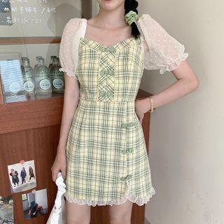 Puff-sleeve Plaid Mini Dress