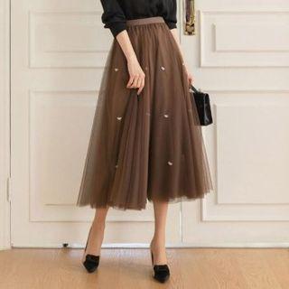 Faux-pearl Ribbon Long Mesh Skirt