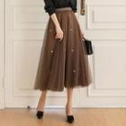 Faux-pearl Ribbon Long Mesh Skirt