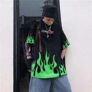 Fire Print Elbow-sleeve T-shirt Black - One Size