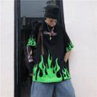 Fire Print Elbow-sleeve T-shirt Black - One Size