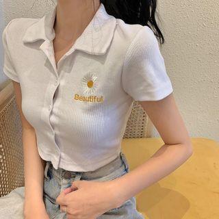 Short-sleeve Flower Embroidered Collared Cropped T-shirt