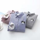 Fleece-lining Cat Embroidered Striped Shirt