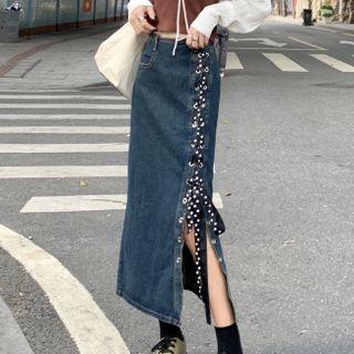 High-waist Knot Strap A-line Denim Skirt