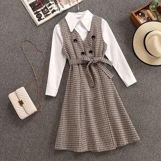 Set: Plain Shirt + Houndstooth Midi Pinafore Dress