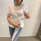 Puff-sleeve Tie-front Peplum Blouse