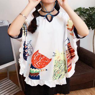 Tasseled Cat Print Short Sleeve T-shirt
