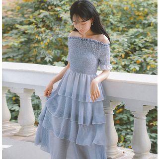 Short-sleeve Polka Dot Midi Tiered Dress
