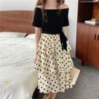 Off-shoulder Dotted Panel Midi Tiered Dress Dress - Black Dotted - Almond - One Size