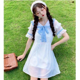 Short-sleeve Collared A-line Chiffon Dress White - One Size