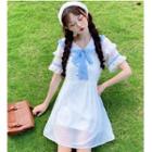 Short-sleeve Collared A-line Chiffon Dress White - One Size