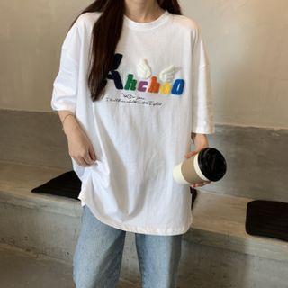 Short-sleeve Fleece Letter Embroidered T-shirt