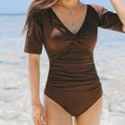 Short-sleeve Plain Knotted Swimsuit
