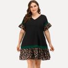 Plus Size Short-sleeve Leopard Print Trim Mini Dress