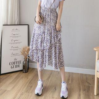Floral Asymmetric Ruffle Trim Midi A-line Skirt