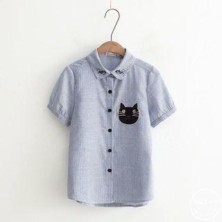 Cat Applique Striped Short-sleeve Shirt