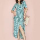 V-neck Patterned Slit Midi A-line Dress