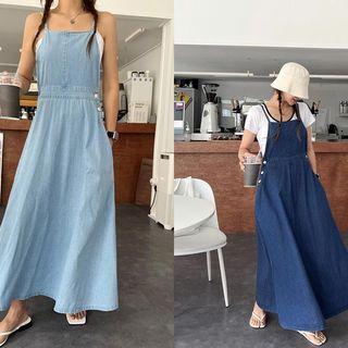 Cross-back Denim Maxi Pinafore Dress