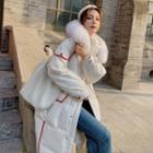 Color Block Shearling-collar Hooded Padded Jacket