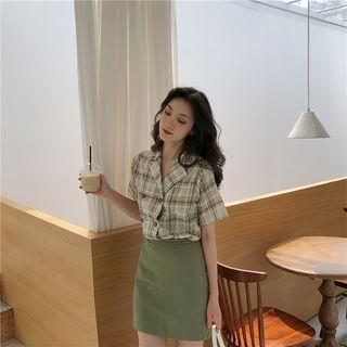 Short-sleeve Plaid Shirt / Mini A-line Skirt
