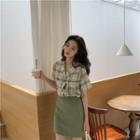 Short-sleeve Plaid Shirt / Mini A-line Skirt