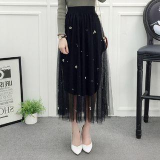 Faux Pearl Mesh Midi Skirt