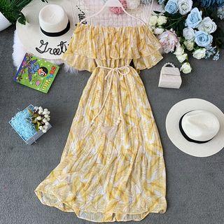 Floral Print Off-shoulder Dress With Rope