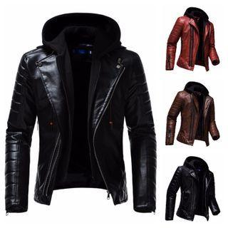 Mock Two-piece Hooded Faux Leather Biker Jacket