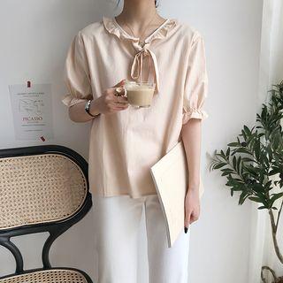 Puff-sleeve Ruffle Trim Tie Neck Blouse