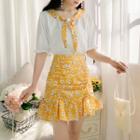 Set: Tie-neck Elbow-sleeve Top + Floral Print Ruffle Hem Mini Pencil Skirt