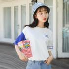Short-sleeve Letter Embroidered T-shirt Blue & White - One Size