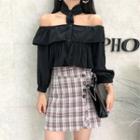 Long-sleeve Cold Shoulder Top / Plaid Mini Skirt