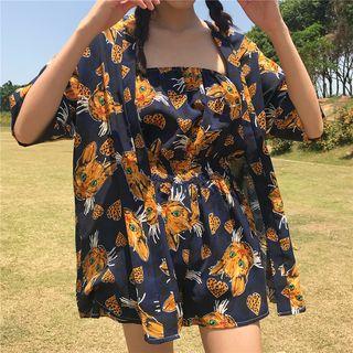 Set: Cat Print Strapless Playsuit + Short-sleeve Jacket