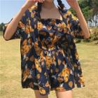 Set: Cat Print Strapless Playsuit + Short-sleeve Jacket