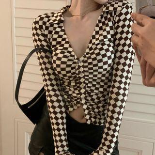 Long-sleeve Argyle Print Polo Shirt / Faux Leather A-line Skirt