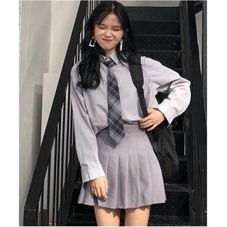 Plain Shirt With Tie / Pleated Skirt