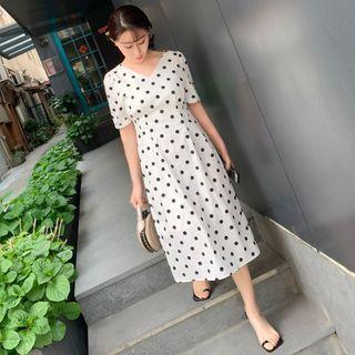 Dotted Elbow-sleeve Midi A-line Dress Dotted - Black & White - One Size