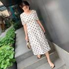 Dotted Elbow-sleeve Midi A-line Dress Dotted - Black & White - One Size