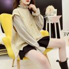 Set: Floral Embroidered Knit Vest + Bell-sleeve Blouse