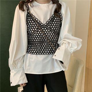 Lantern-sleeve Blouse / V-neck Camisole Top / High Waist Cropped Pants