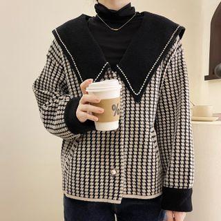 Collared Houndstooth Cardigan Black - One Size