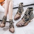 Embroidered Lace-up Block Heel Short Boots