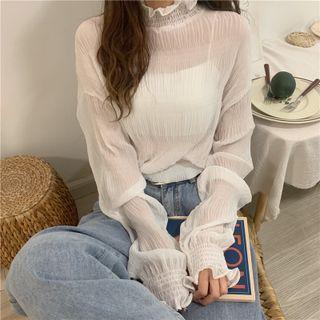 Semi High-neck Wood Ear Trim Ruched Long-sleeve Chiffon Top