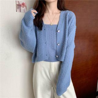 Set Of 2: Plain Spaghetti-strap Top & Plain Cardigan
