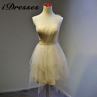 One-shoulder Lace Panel Mini Prom Dress