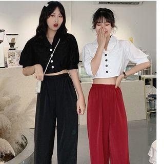 Elbow-sleeve Cropped Blouse / High-waist Wide-leg Pants